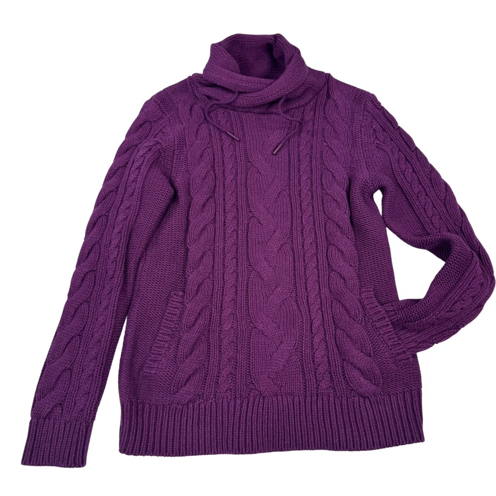 L.L.Bean Fisherman Cable Knit Sweater Women M Plum Cowl FunnelNeck Gorp Granola